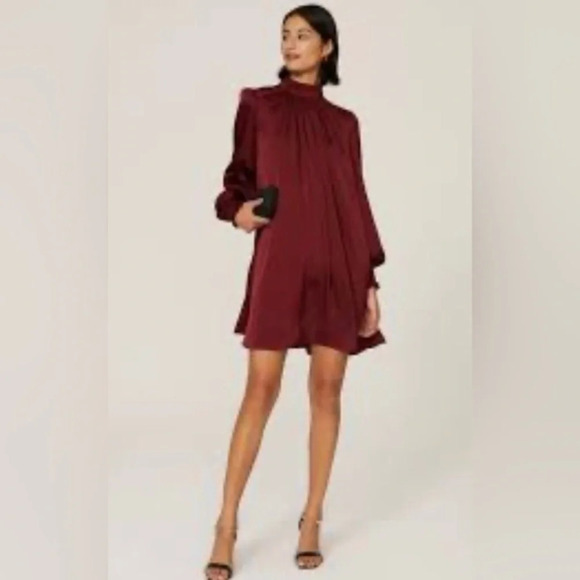 NWOT Little Moon Women Chocolate Brown Mini Satin Long Sleeve Dress Size Small S - Picture 1 of 10
